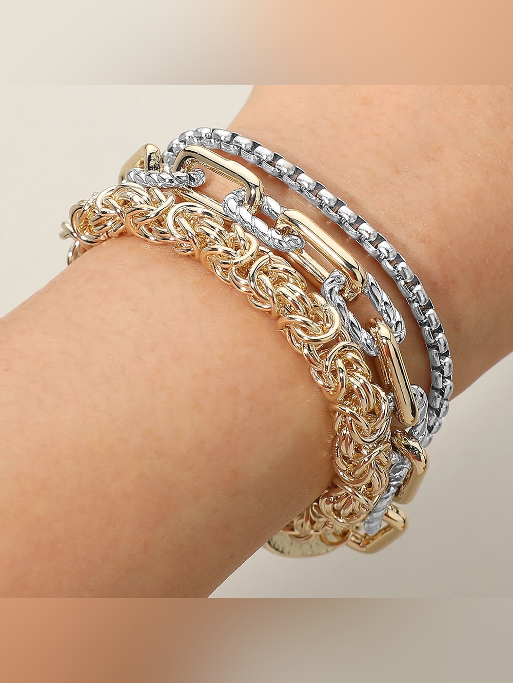 14K Gold Plated Two Tone Chunky Multi Chain Layered Magnetic Bracelet